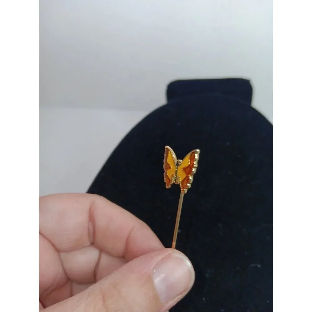 Vintage Red Yellow Enamel Butterfly Hat Stick Or Lapel Pin Goldtone